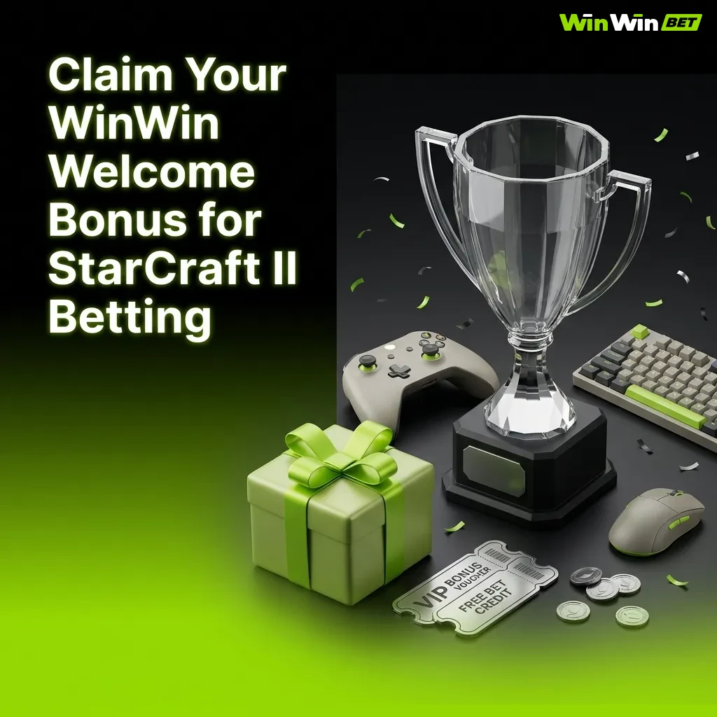 WinWin welcome bonus offer for StarCraft II betting showing 200% deposit match plus 150 free spins for new players