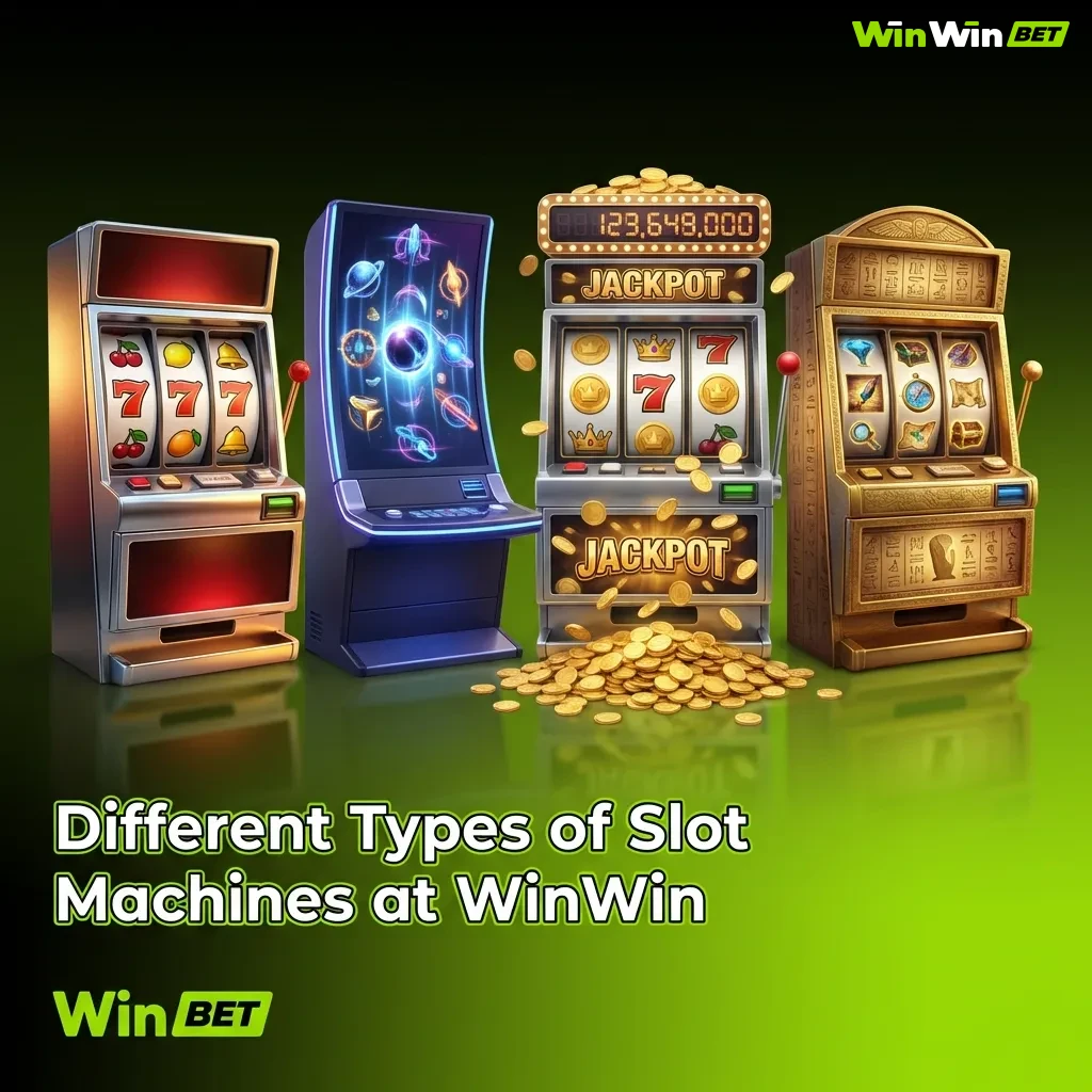 WinWin casino lobby displaying various slot machine types including classic, video, Megaways, jackpot, and branded slots