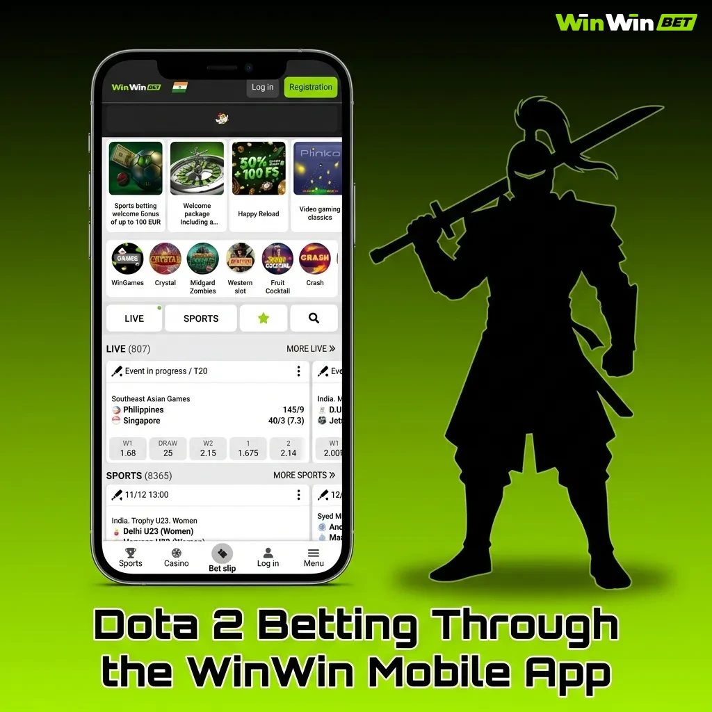 WinWin mobile app interface showing Dota 2 betting markets and match selections on smartphone screen