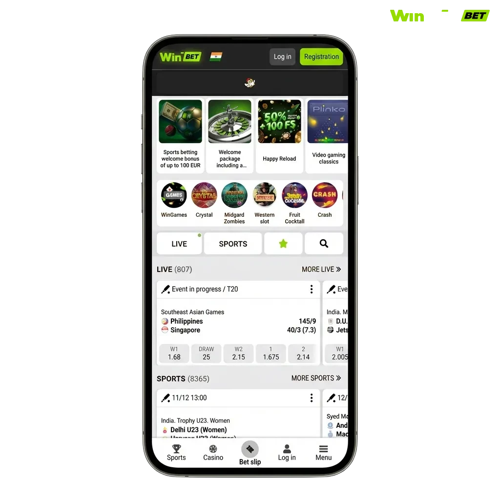 WinWin mobile app download page showing APK and iOS options with payment methods and welcome bonus for Bangladesh users
