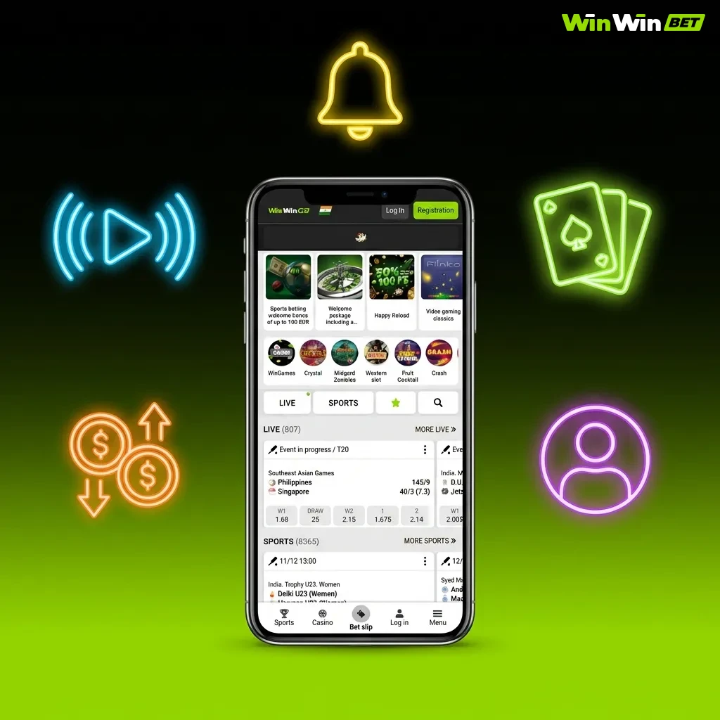 WinWin mobile app interface showing betting options, casino games, and local payment methods for Bangladeshi users