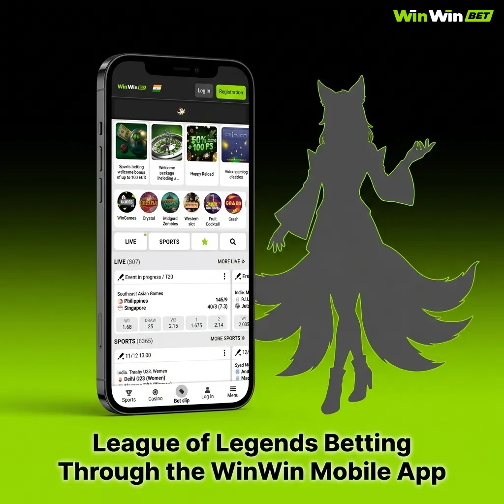 WinWin mobile app interface showing League of Legends esports betting options and live match odds on smartphone screen