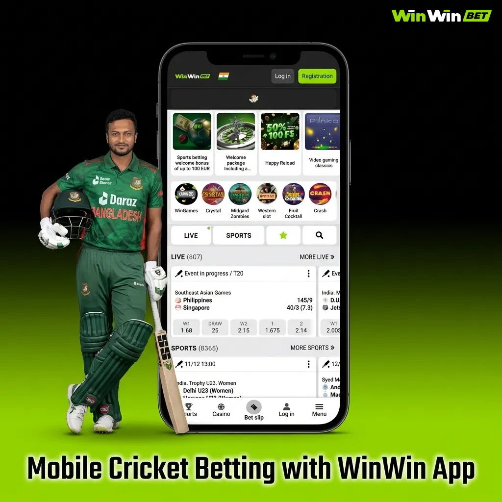 WinWin mobile app interface showing cricket betting markets and odds on Android and iOS devices