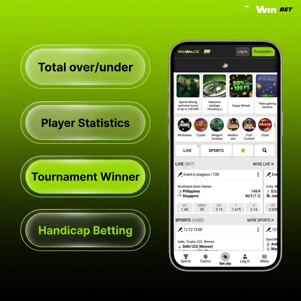 Diagram showing various betting options including single bets, accumulators, system bets, handicap, and over/under at WinWin app.
