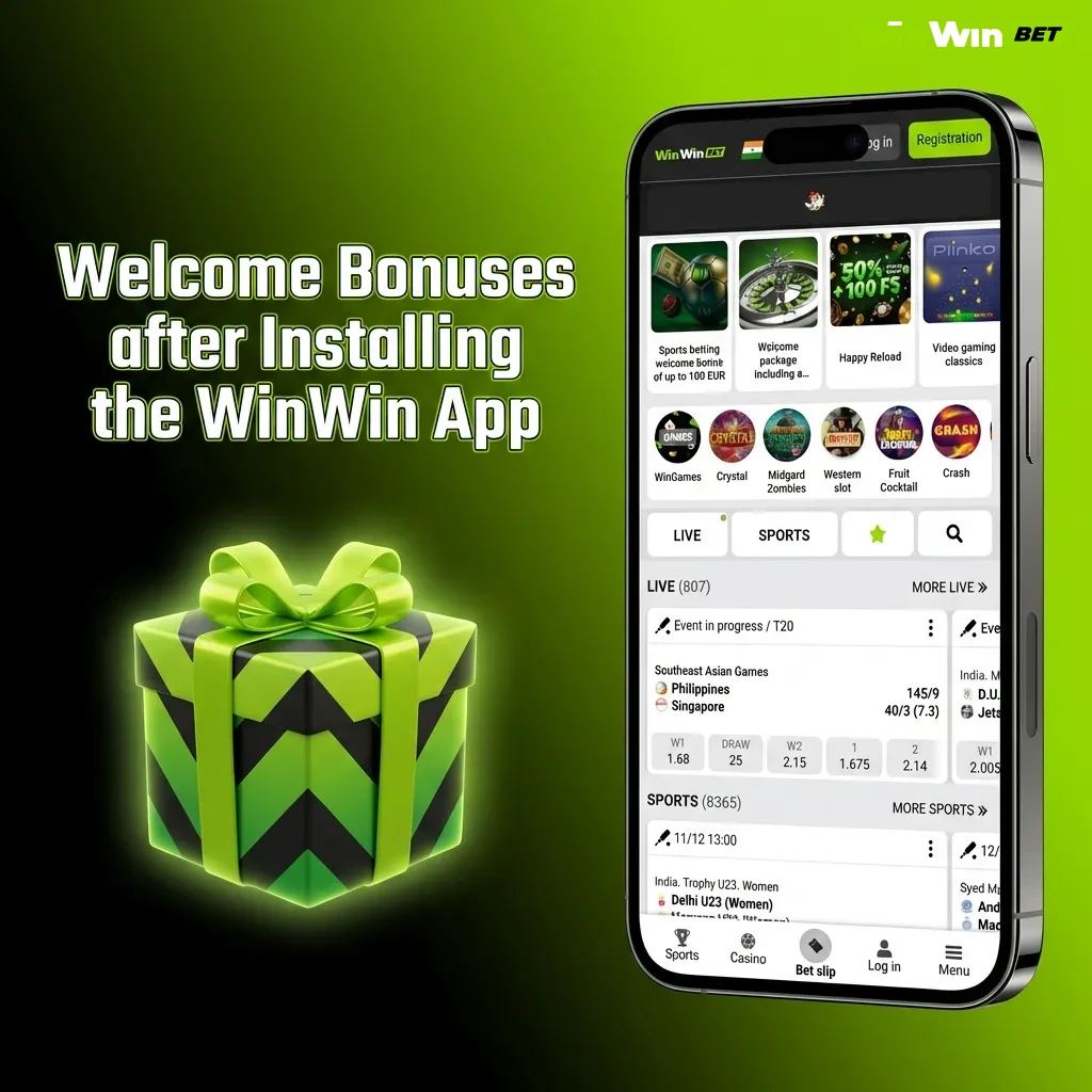 WinWin app welcome bonuses showing 200% deposit match and 150 free spins for new users in Bangladesh