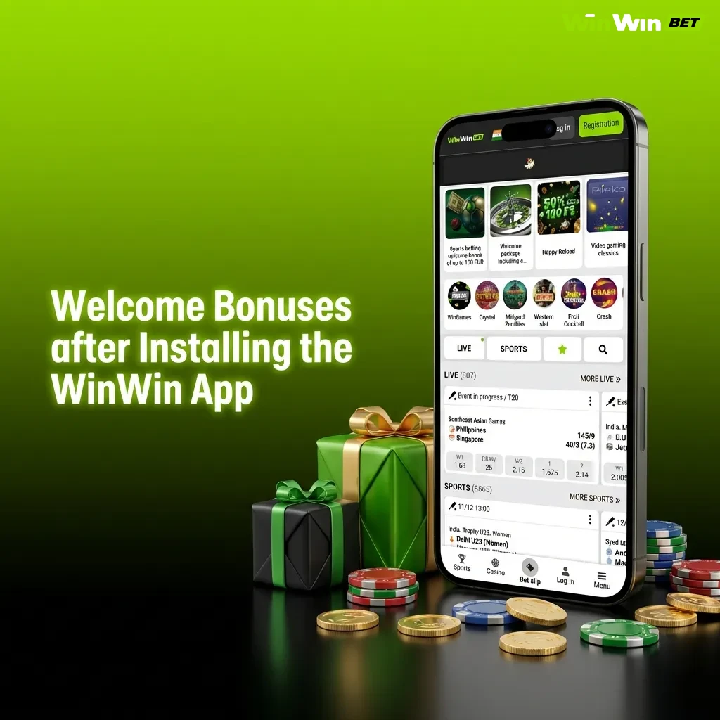 WinWin app welcome bonuses: 200% casino match, 150 free spins, 100% sports bonus up to 10,000 BDT for new players