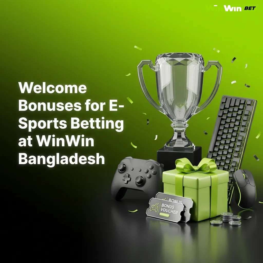 E-sports betting welcome bonus at WinWin Bangladesh showing 200% deposit match and 150 free spins registration steps