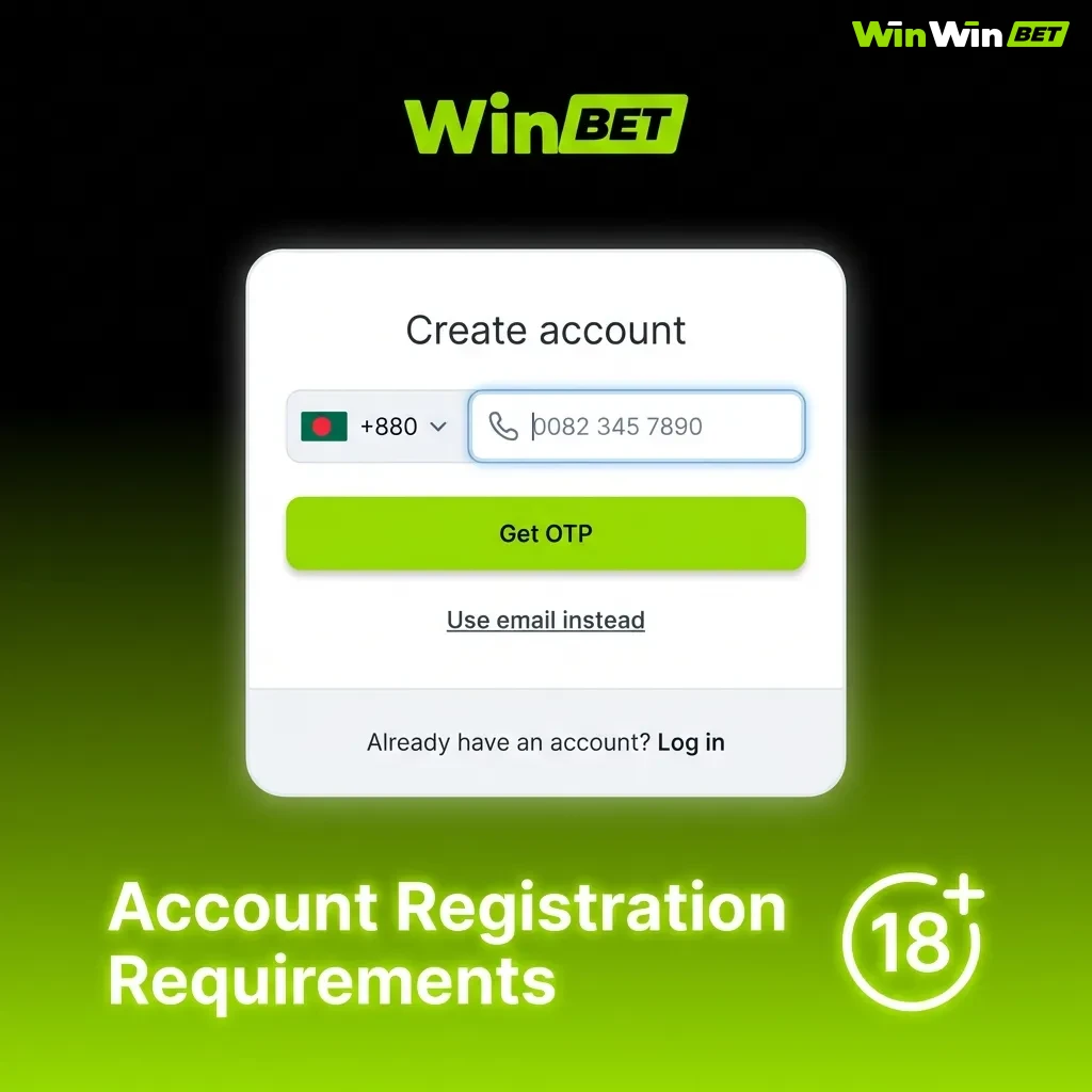 WinWin account registration form showing age, identity, and residency requirements for Bangladesh users