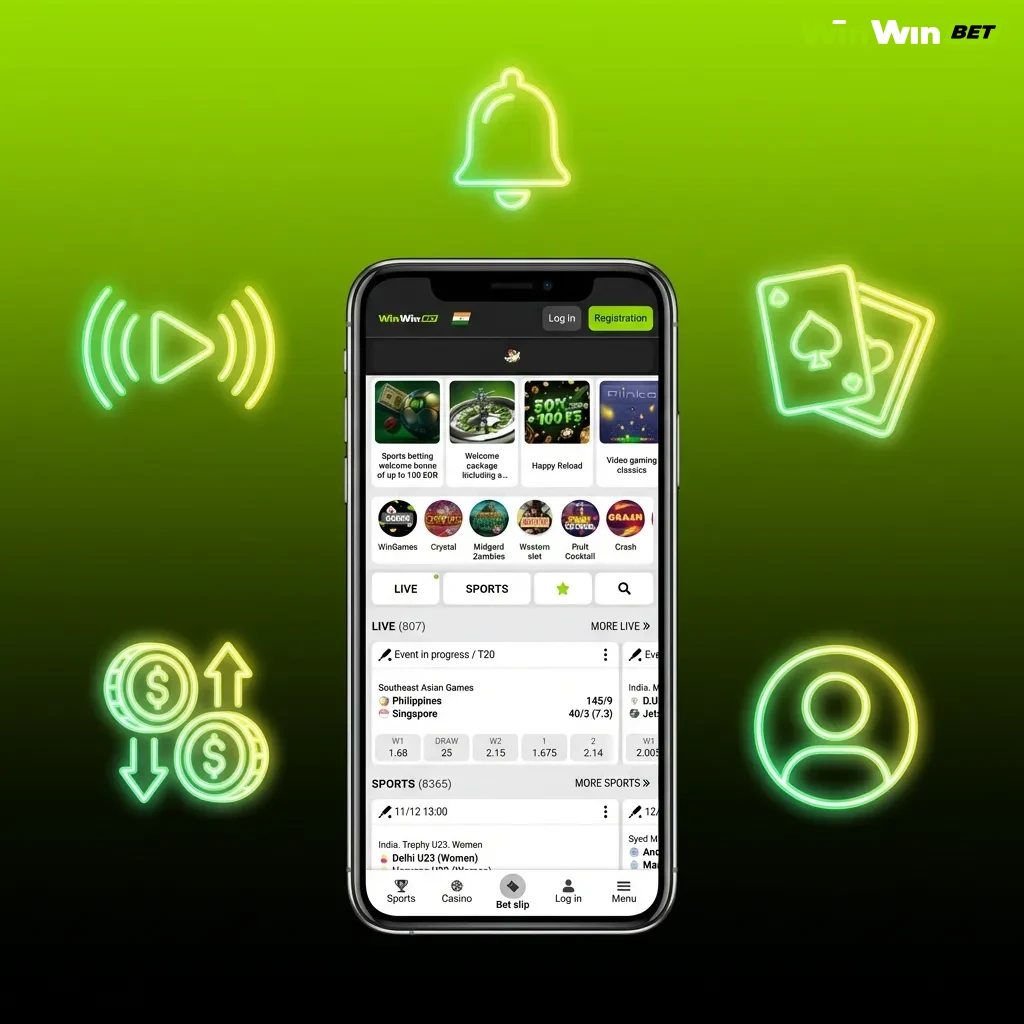 Mobile betting app interface showing live odds, casino games, account management, and secure payment options for Bangladesh users