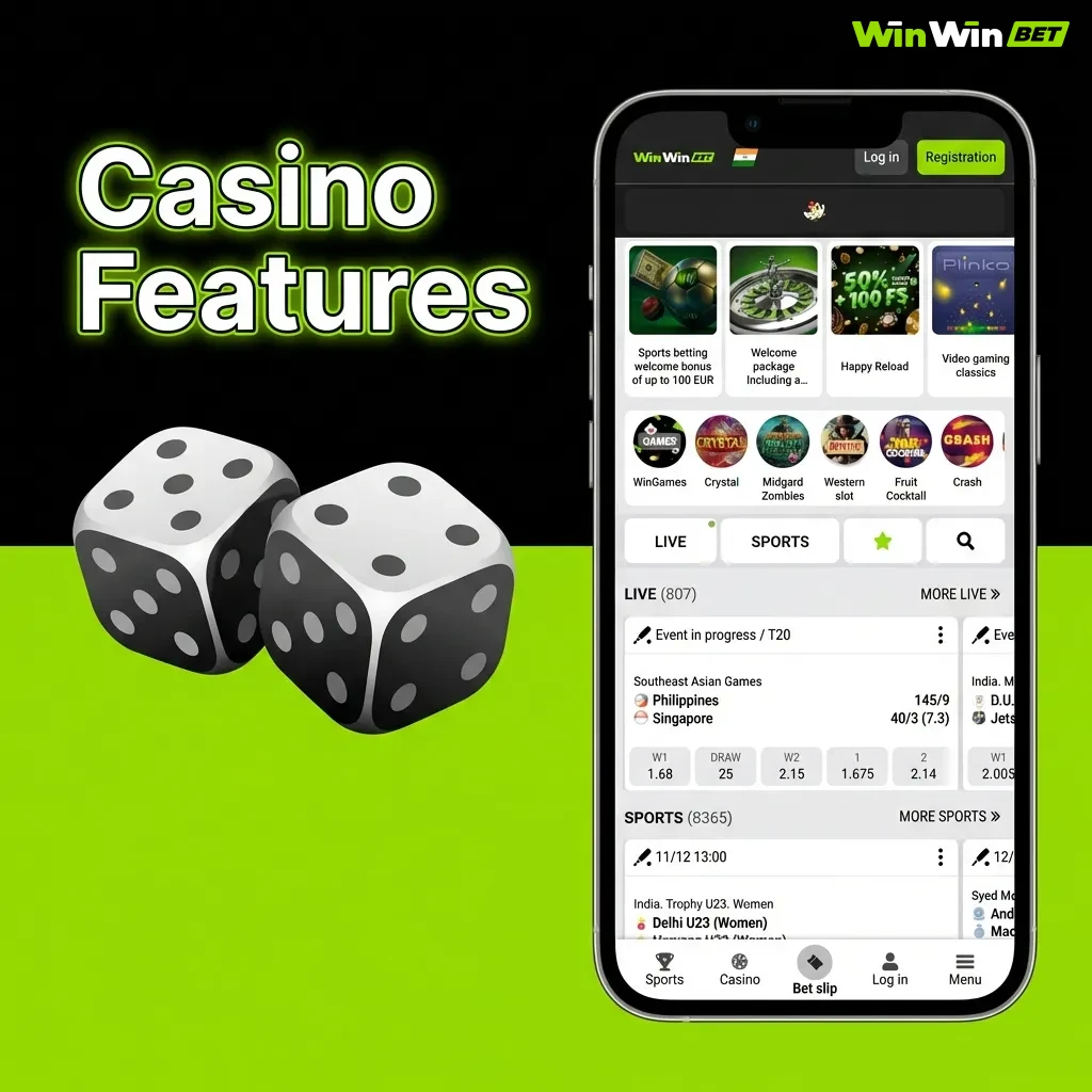 Mobile casino app interface showing live dealer games, slots, and table games from top providers