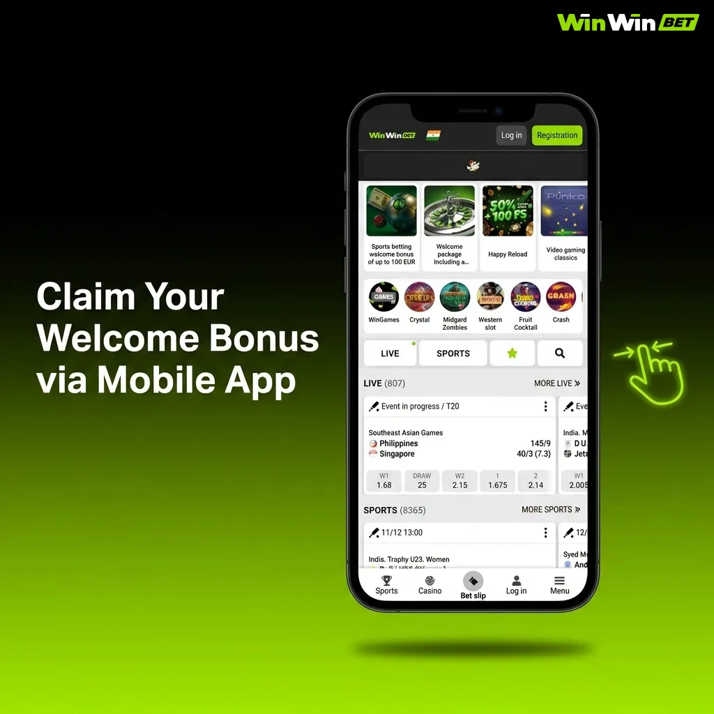 WinWin mobile app interface showing welcome bonus claim process on smartphone screen