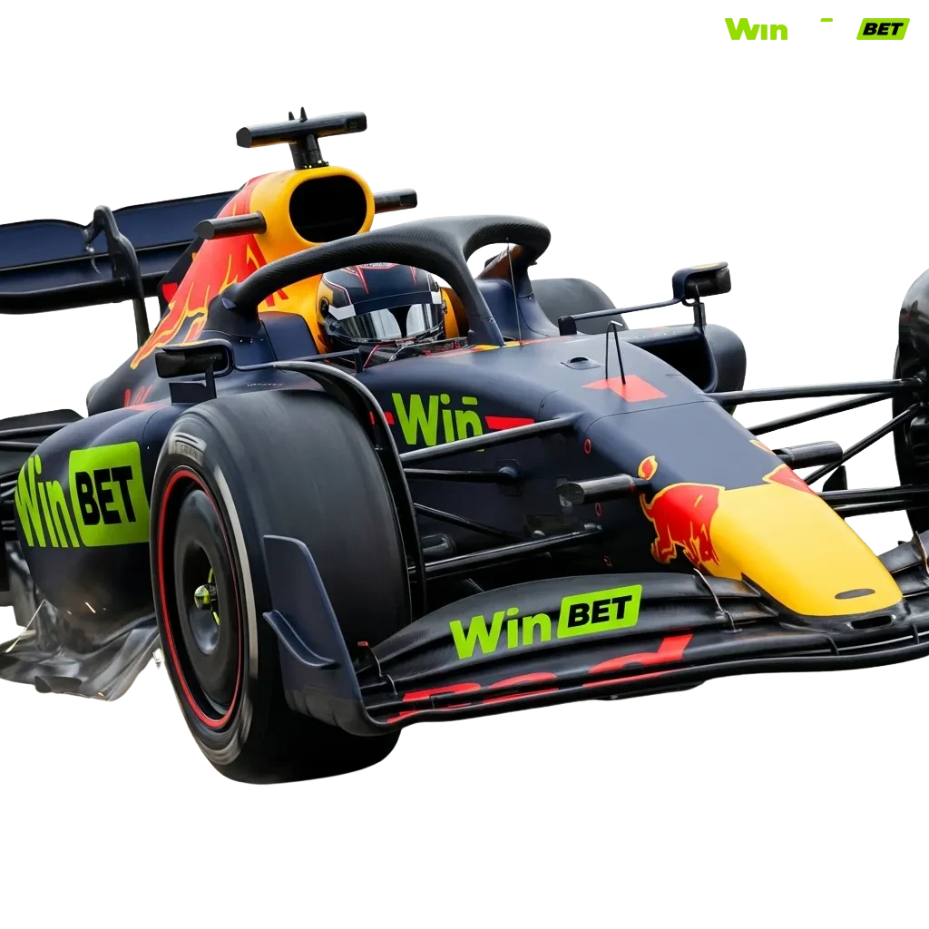 Formula 1 racing cars on track with WinWin betting interface showing odds for Grand Prix races and championship markets
