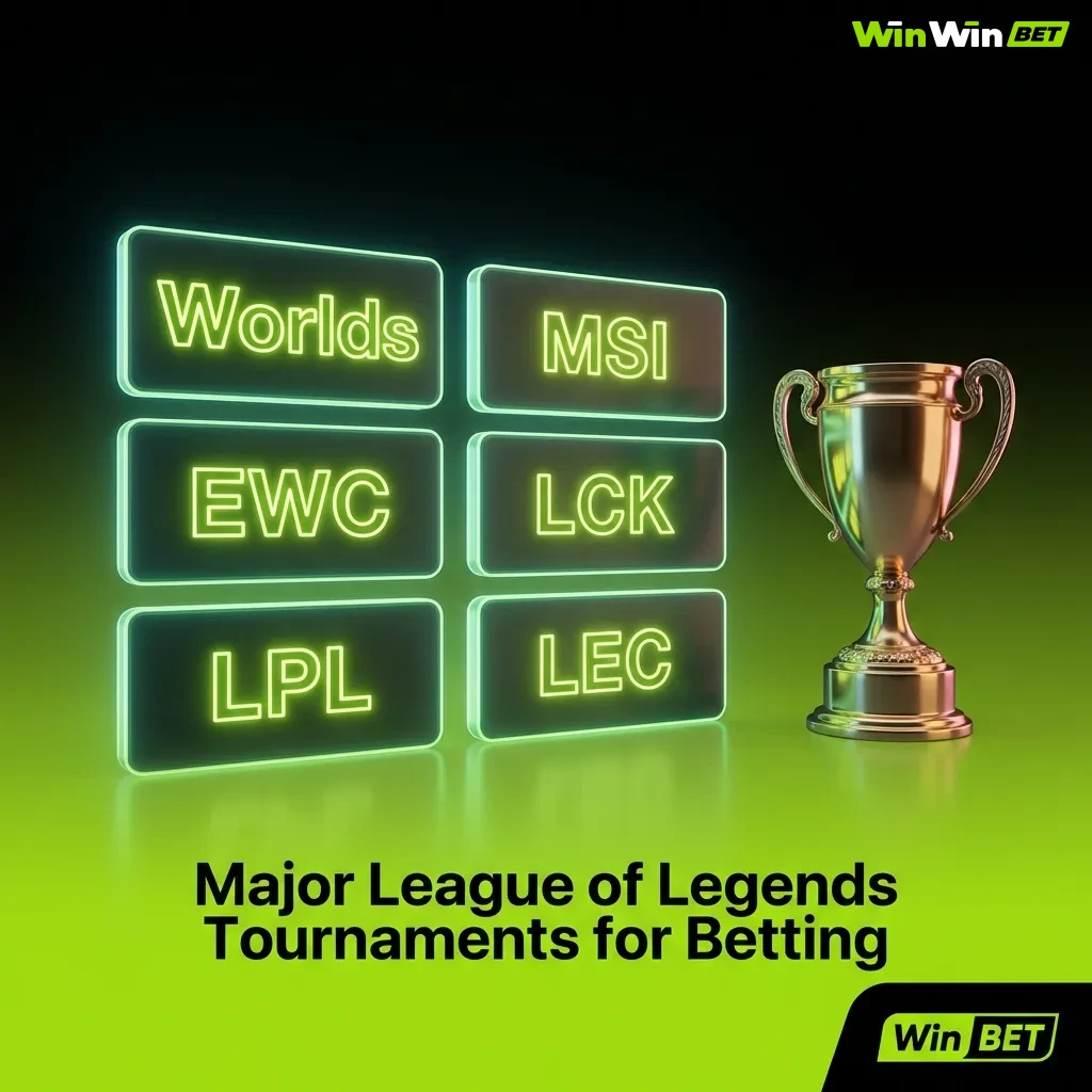 League of Legends tournament logos and championship trophies displayed for major esports betting competitions worldwide