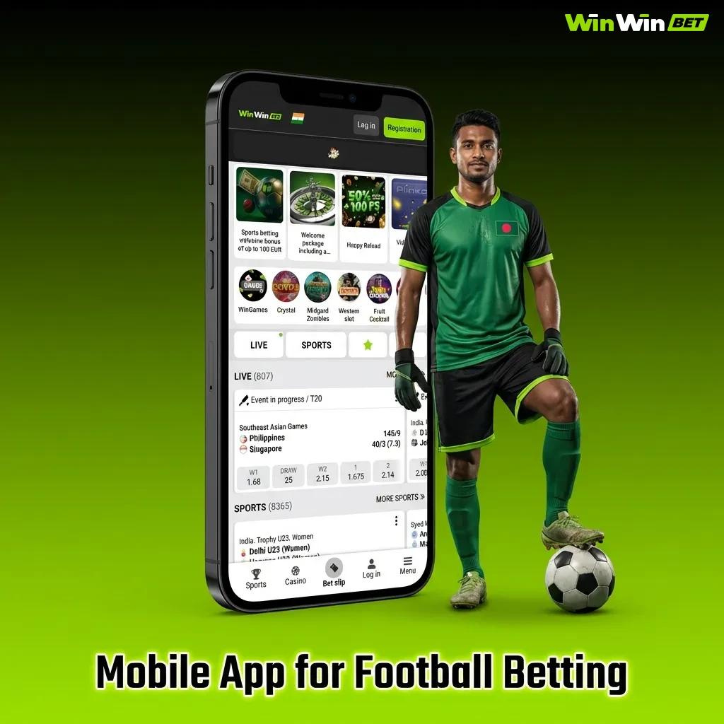 WinWin mobile betting app interface showing football markets on smartphone screen with live odds and bet placement options