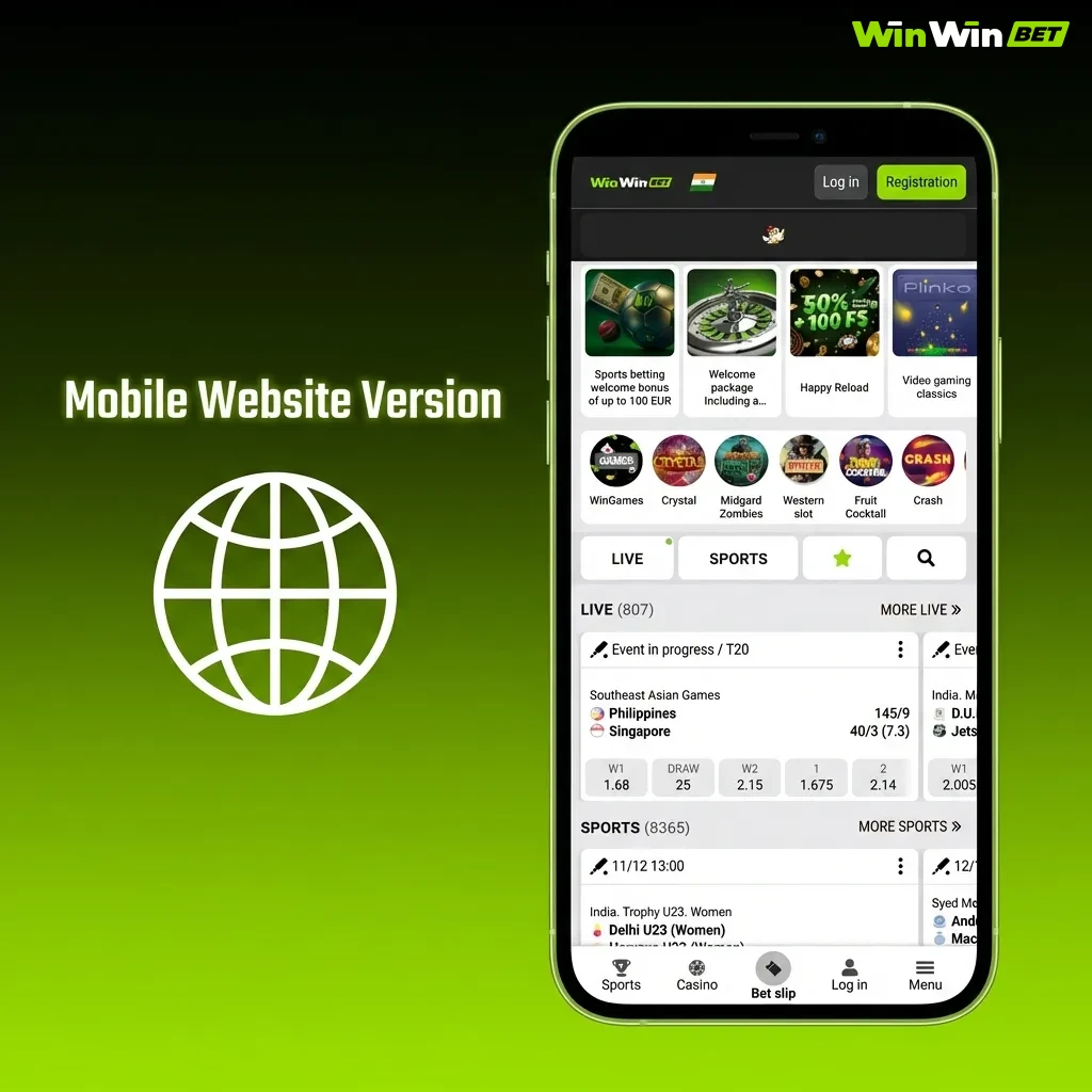 Mobile-optimized betting website displaying sports markets and casino games on smartphone screen