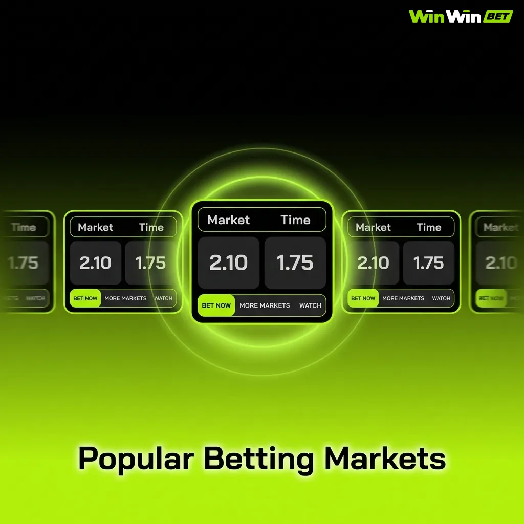 Infographic showing four popular betting market types: Match Winner, Over/Under, Handicap, and Correct Score options