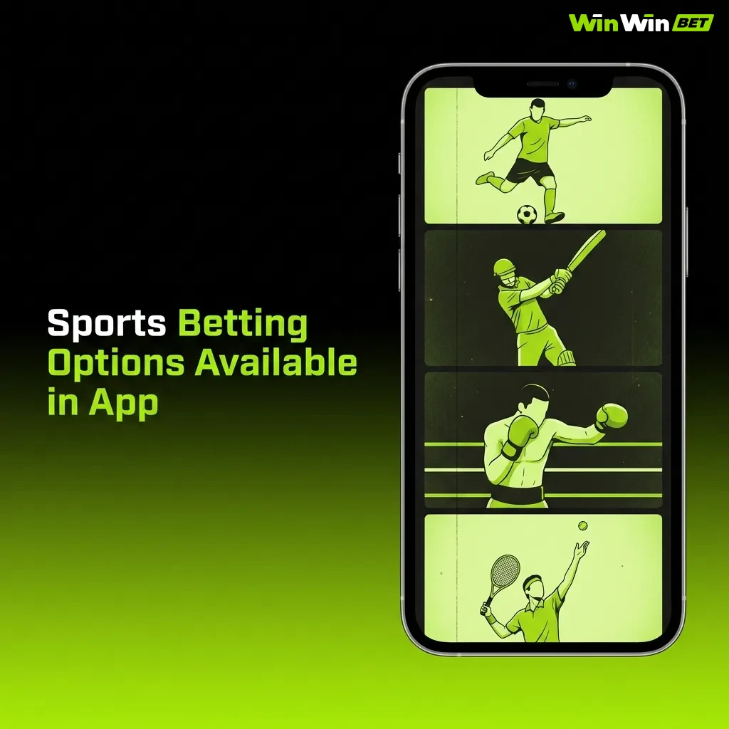 WinWin app interface showing sports betting options including cricket, football, tennis, basketball, and esports