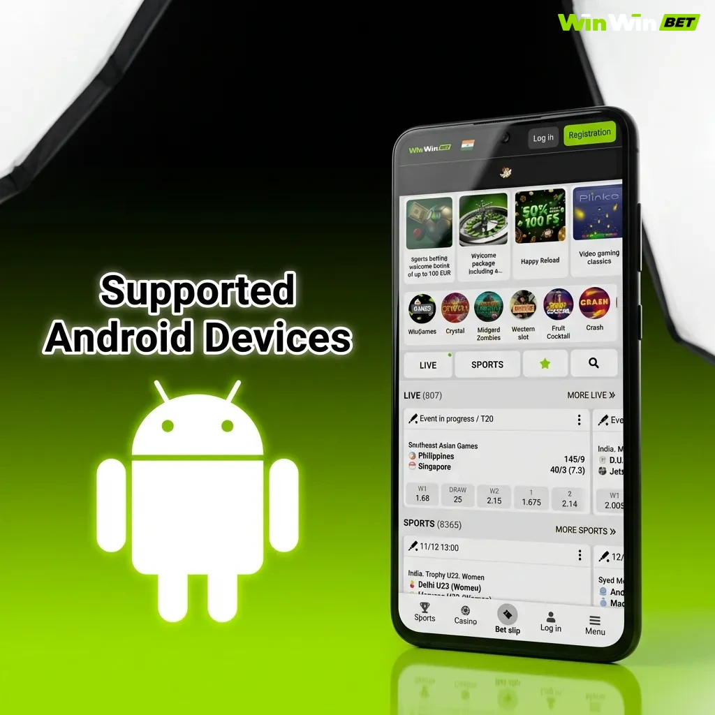 List of supported Android devices including Samsung, Xiaomi, Realme, Oppo, Vivo, and OnePlus models for WinWin mobile site