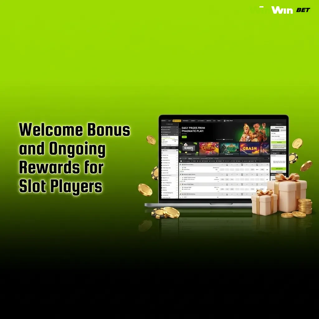 Colorful slot machines with bonus banners showing welcome offers and reward icons for new and loyal players